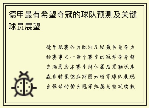 德甲最有希望夺冠的球队预测及关键球员展望