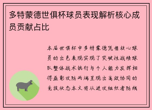 多特蒙德世俱杯球员表现解析核心成员贡献占比