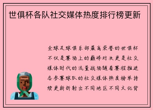 世俱杯各队社交媒体热度排行榜更新
