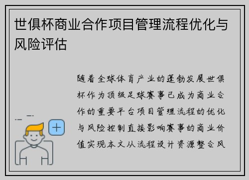 世俱杯商业合作项目管理流程优化与风险评估